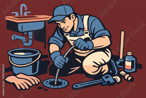 Plumber working on a floor drain, using a drain snake to clear a blockage and restore proper plumbing function