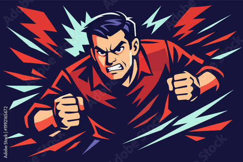 Determined man showing aggression and frustration, clenching fists with energetic lightning bolts indicating power and fury