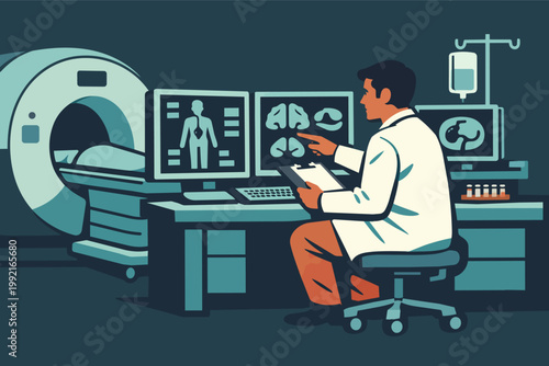 Doctor performing medical imaging scan, analyzing brain and body scans, for diagnostics and healthcare
