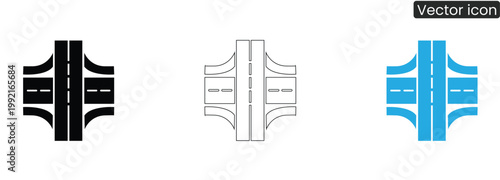Three highway interchange icons in black, Line art, And blue on white background for road and transportation designs
