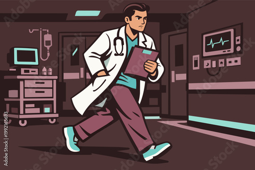 Healthcare professional hurrying through a hospital hallway, doctor rushing with patient chart in an emergency medical situation
