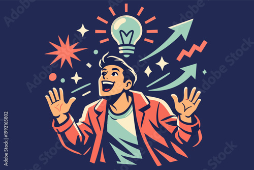 Person getting creative idea, having inspiration light bulb moment leading to innovation and growth