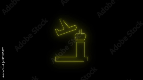 Glowing Neon Airport Control Tower with Airplane Icon Animation, Red Neon Aviation Symbol, Flight Control Concept, Futuristic Cyberpunk Style Motion Graphic, Loopable Video for Travel UI and Tech.