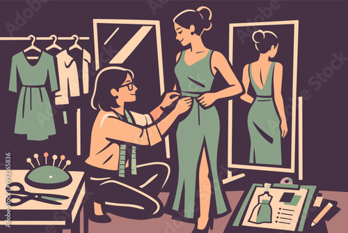 Tailor fitting a custom-made dress on a woman, creating unique fashion designs in a professional studio