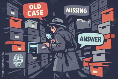 Detective investigating a cold case, searching through file cabinets and boxes for solutions and evidence in an archive or storage room