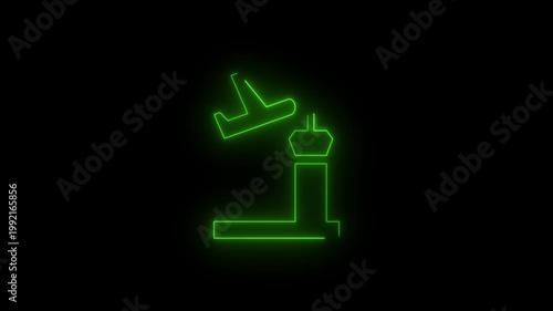 Glowing Neon Airport Control Tower with Airplane Icon Animation, Red Neon Aviation Symbol, Flight Control Concept, Futuristic Cyberpunk Style Motion Graphic, Loopable Video for Travel UI and Tech.