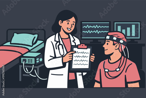 Doctor showing brainwave data on a clipboard to a patient wearing an eeg headset in a hospital room, discussing medical results