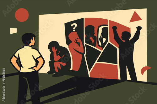 Person observing different aspects of personality and emotions forming an individual identity on a screen