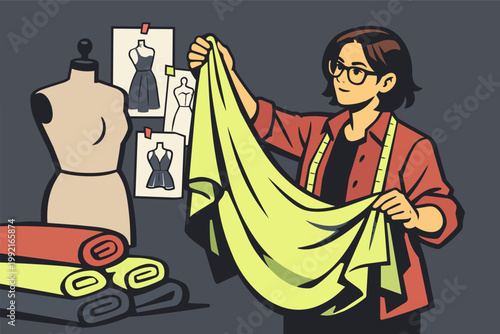Fashion designer holding green fabric, tailoring clothes in studio with mannequin, inspiring creativity