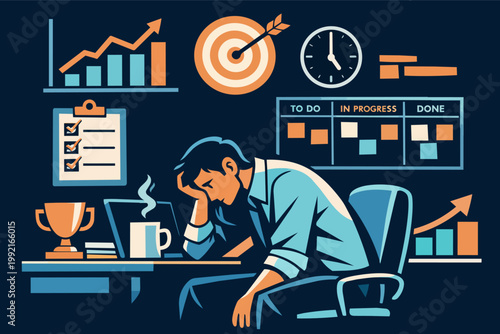 Man feeling overwhelmed and exhausted working at a desk surrounded by deadlines, tasks, and business goals