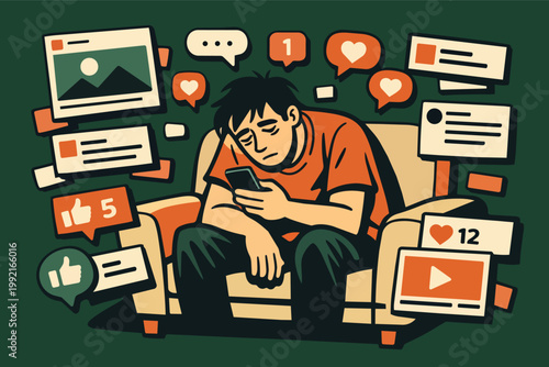 Young man sitting on sofa, addicted to social media, feeling depressed and overwhelmed by screen time and notifications