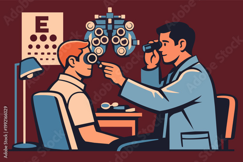 Healthcare professional checking a patient's vision using specialized optical tools for an ophthalmology checkup