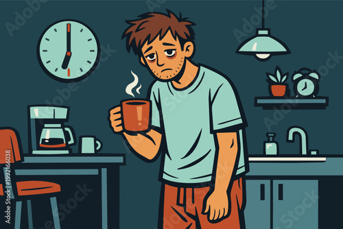 Man feeling sleepy and drained from insomnia in his kitchen, needing coffee to wake up, facing morning burnout