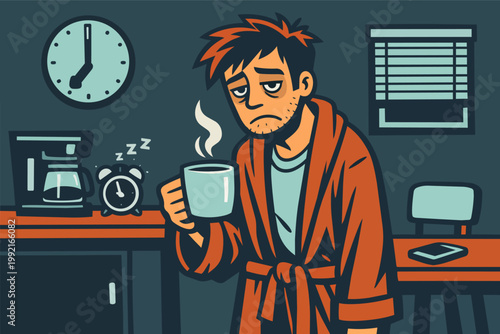 Tired man in bathrobe with messy hair drinking coffee, feeling exhausted and sleep deprived in the morning