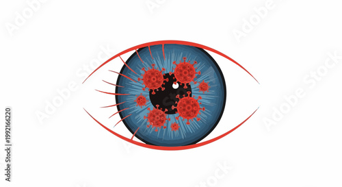 A stylized eye with red viruses impacting the blue iris