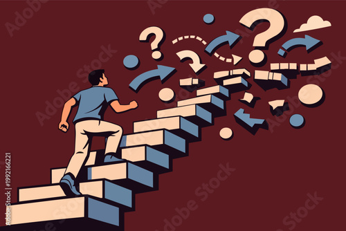 Man climbing broken stairs facing challenges and seeking solutions amidst uncertainty and career growth questions