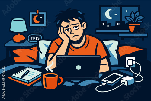 Exhausted man working late in bed at night suffering from insomnia, burnout, and sleep deprivation