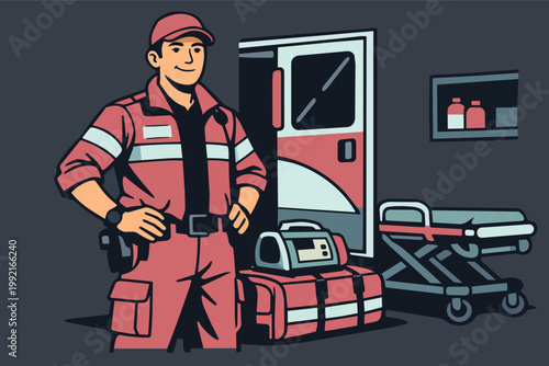 Paramedic standing in front of an ambulance with medical equipment, ready for emergency healthcare assistance