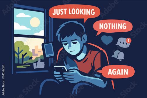 Young man experiencing digital boredom, isolation, and smartphone addiction while endlessly scrolling social media