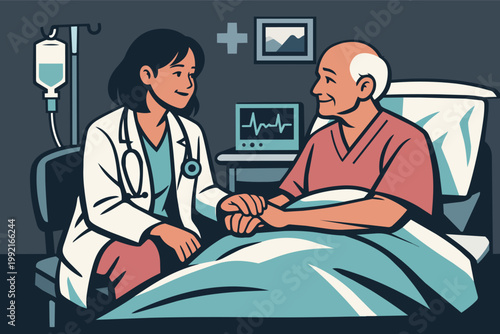 Doctor providing compassionate care to senior patient in hospital bed, holding hand and offering support and empathy