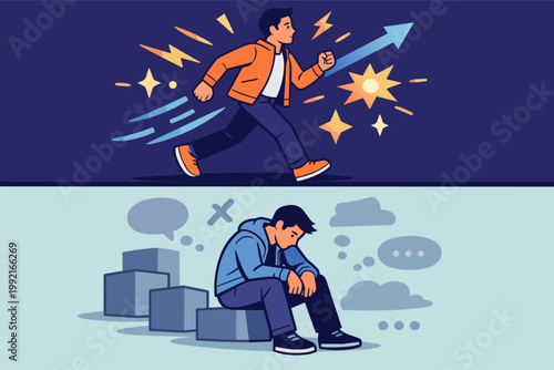 Person experiencing success and depression, contrasting motivation and burnout with progress and mental health challenges