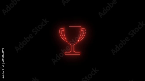 Glowing Neon Trophy Cup Icon Animation, Red Neon Winner Award Symbol, Success Achievement Concept, Futuristic Cyberpunk Style Motion Graphic, Loopable Video for UI, Gaming, Competition and Degine.