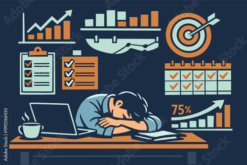 Tired worker sleeping at desk surrounded by analytical charts, calendars, goals, and checklists, symbolizing business exhaustion
