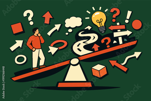 Person balancing on a seesaw, weighing choices and ideas, contemplating problem solving and future direction