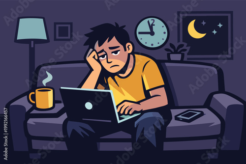 Tired man struggling with work late at night, experiencing insomnia, exhaustion, and chronic stress working on a laptop