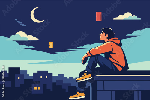 Young man sitting on a rooftop at night, looking up at a surreal sky with floating doors and steps, symbolizing dreams and future choices