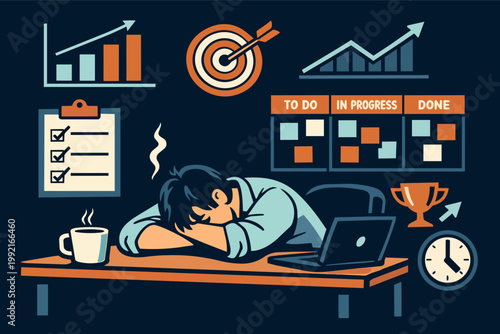 Employee experiencing burnout and exhaustion from overwork, sleeping at desk with tasks, targets, and progress charts around