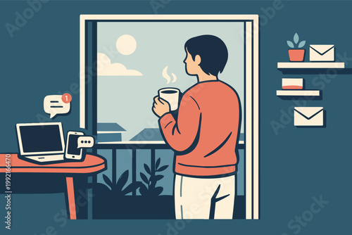 Person enjoying a coffee break, looking out a window from a home office setup with laptop and phone. Working remotely concept