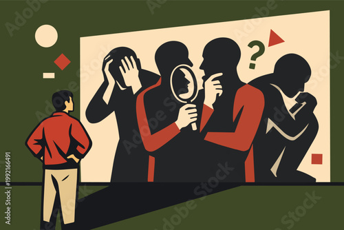 Person observing reflecting identity and exploring hidden self, facing inner thoughts, mental health, and psychological transformation