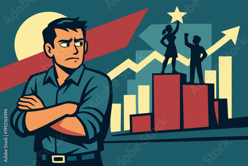 Man with arms crossed having feelings of envy while observing his peers' professional achievement and career advancement