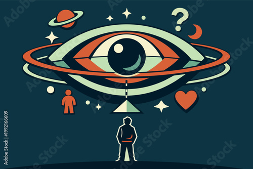 Man looking up at a giant eye surrounded by cosmic elements, exploring vision, mystery, knowledge, and universal consciousness