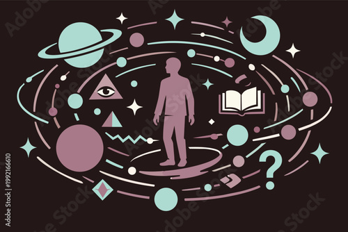 Human finding knowledge and questioning existence in a complex universe filled with planets, stars, and symbols