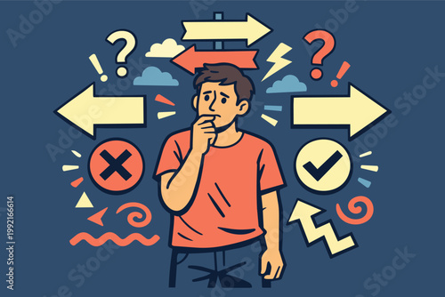 Person feeling confused and anxious, standing at a crossroad with multiple arrows, question marks, and check/x signs