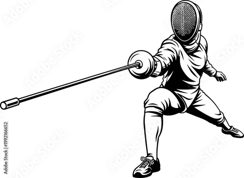 Young fencer in white uniform lunging with foil during competitive match
