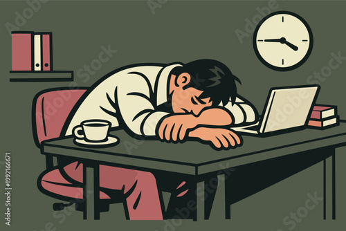 Employee feeling extreme burnout at office desk, sleeping after long working hours, struggling with exhaustion and stress