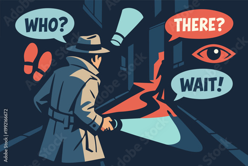 Detective in trench coat and fedora investigating a dark alley, holding flashlight, with speech bubbles who?, there?, wait! and footprints, eye