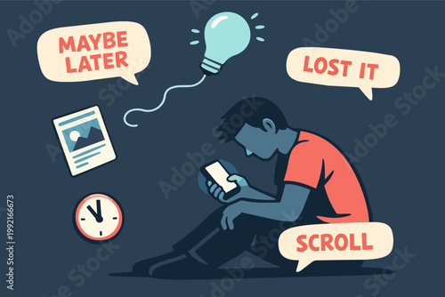Person scrolling social media on phone, procrastinating, losing time and good ideas to digital distraction