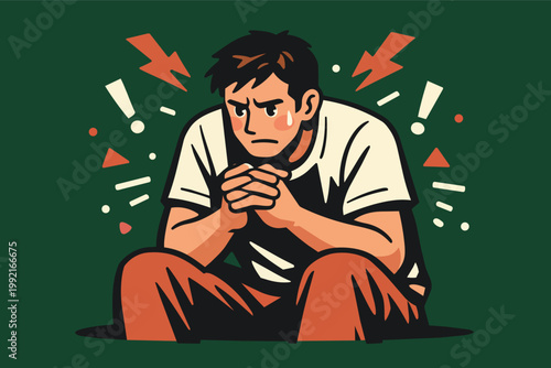 Man experiencing stress, anxiety, and frustration, having mental breakdown with internal conflict and emotional distress