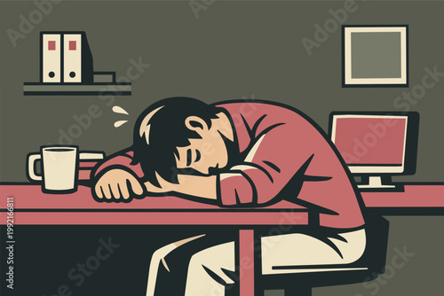 Stressed employee sleeping with head down on an office desk, illustrating job fatigue and professional burnout