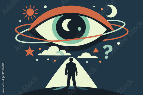 Person observing universal elements and celestial bodies with cosmic eye, exploring human consciousness and perception