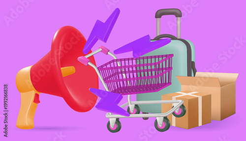 online shopping elements purple wire shopping cart mint green suitcase and brown cardboard delivery boxes professional
