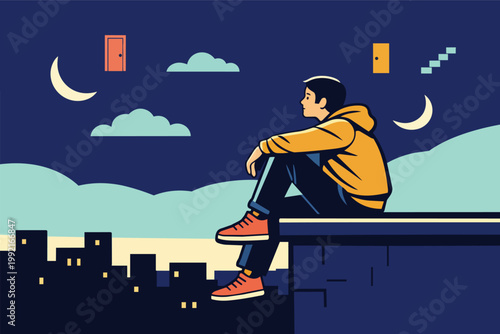 Young man contemplating life choices on a rooftop, dreaming of future opportunities and new paths under a night sky