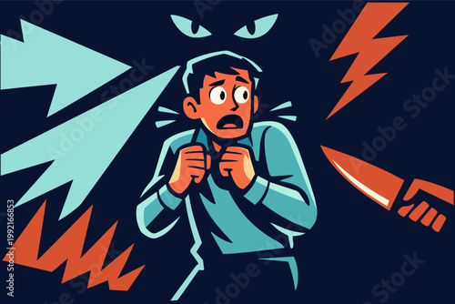 Scared man feeling fear and panic, experiencing anxiety disorder with monster eyes, a knife, and danger symbols surrounding him