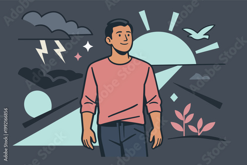 Man overcoming adversity, finding hope and optimism, embracing resilience against challenges, moving towards a positive future