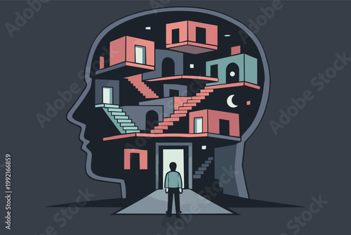 Person standing at doorway inside human head, exploring complex mind with labyrinth of stairs and rooms