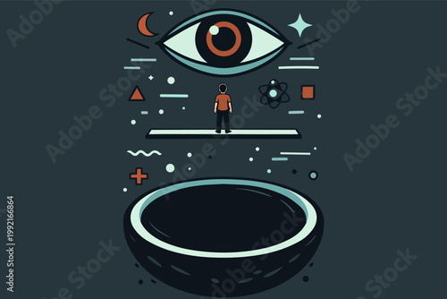 Person observing the universe and consciousness, a journey through surreal vision, knowledge, and self-discovery